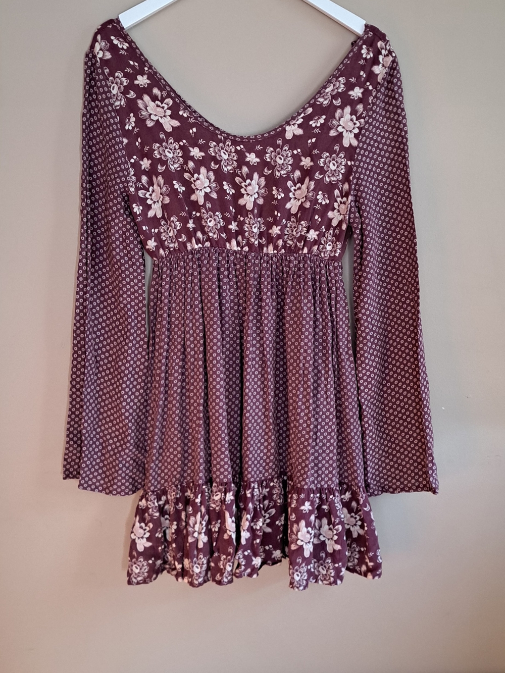 Scoop-Neck Burgundy/Floral Long Sleeve Dress-Tokyo Darling